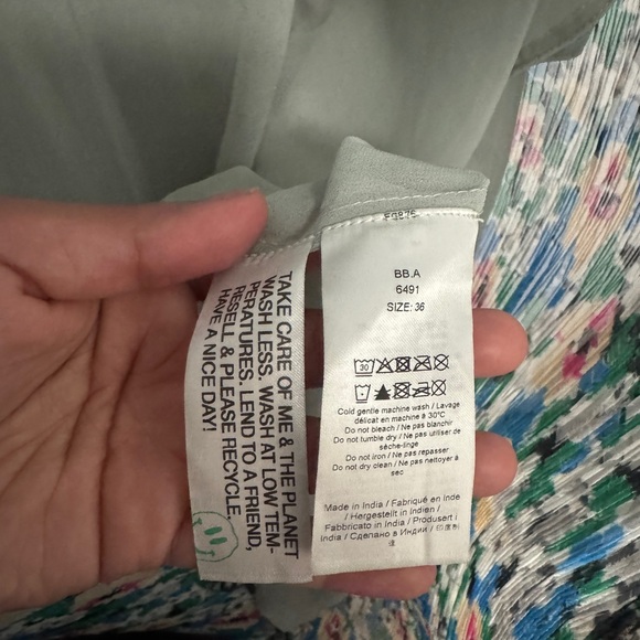 GANNI Pleated Georgette V-Neck Smock Midi Dress Floral Azure Blue Size 36 (M) - Picture 9 of 9